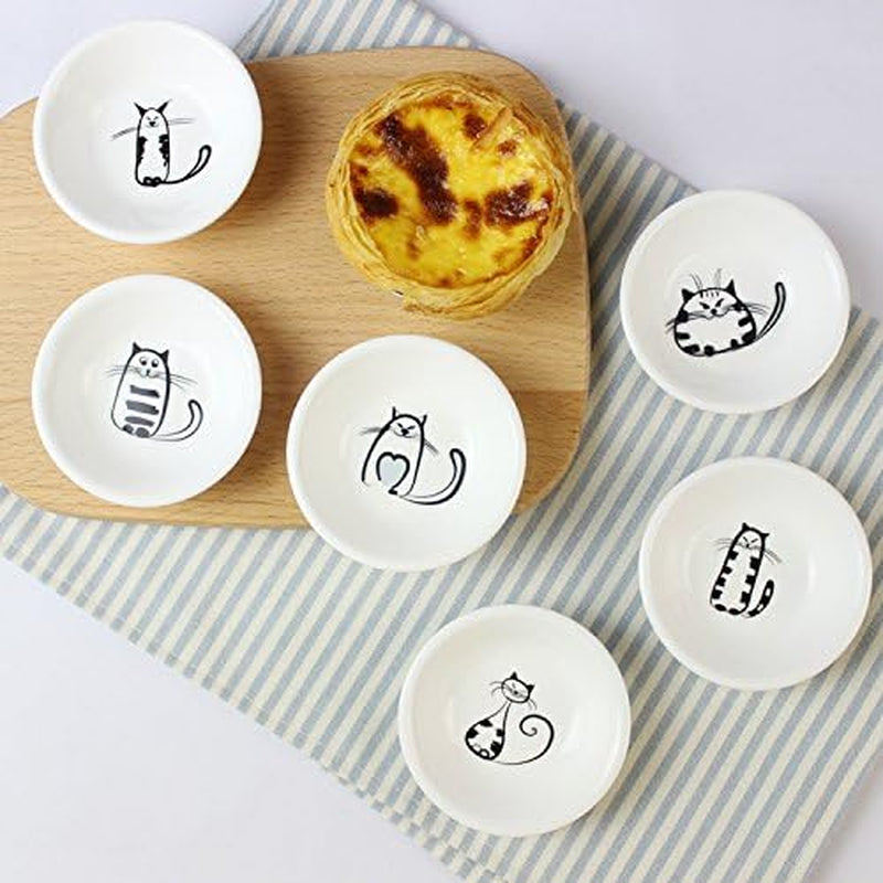 Super Cute Cat Ceramic Sauce Dish/Seasoning Bowl/Sushi Soy Dipping Bowl/Appetizer Plates/Serving Dish for Kitchen Home (Set of 6)