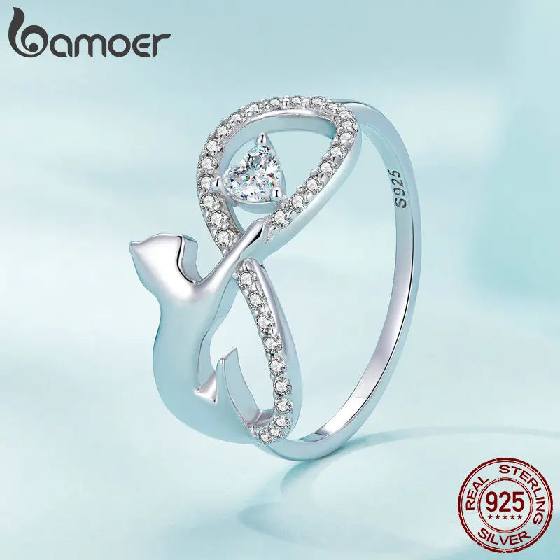 925 Sterling Silver Cute Cat Finger Ring Infinite Symbol Ring for Women Birthday Gift Pave Setting CZ Fine Jewelry SCR918