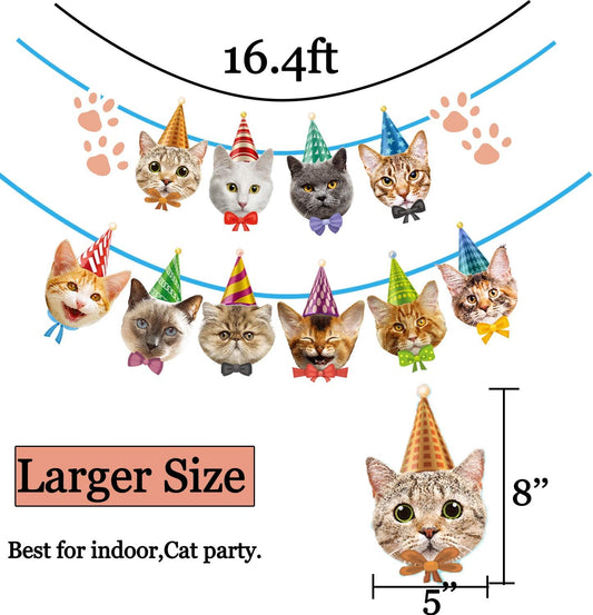 Cat Birthday Banner - No DIY Needed - Decorations Garland with Faces for Party Decor