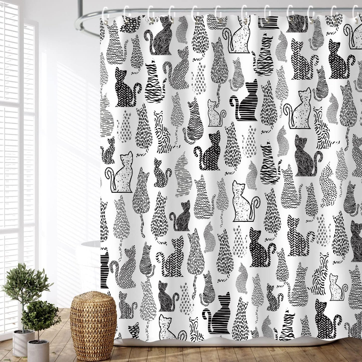 Cat Shower Curtain for Bathroom Cute Shower Curtain with 12 Hooks Kitten Animal Decorative Black and White Fabric Bath Curtain Gift for Cat Lovers Kids and Girls Machine Washable (72"W X 84"H)