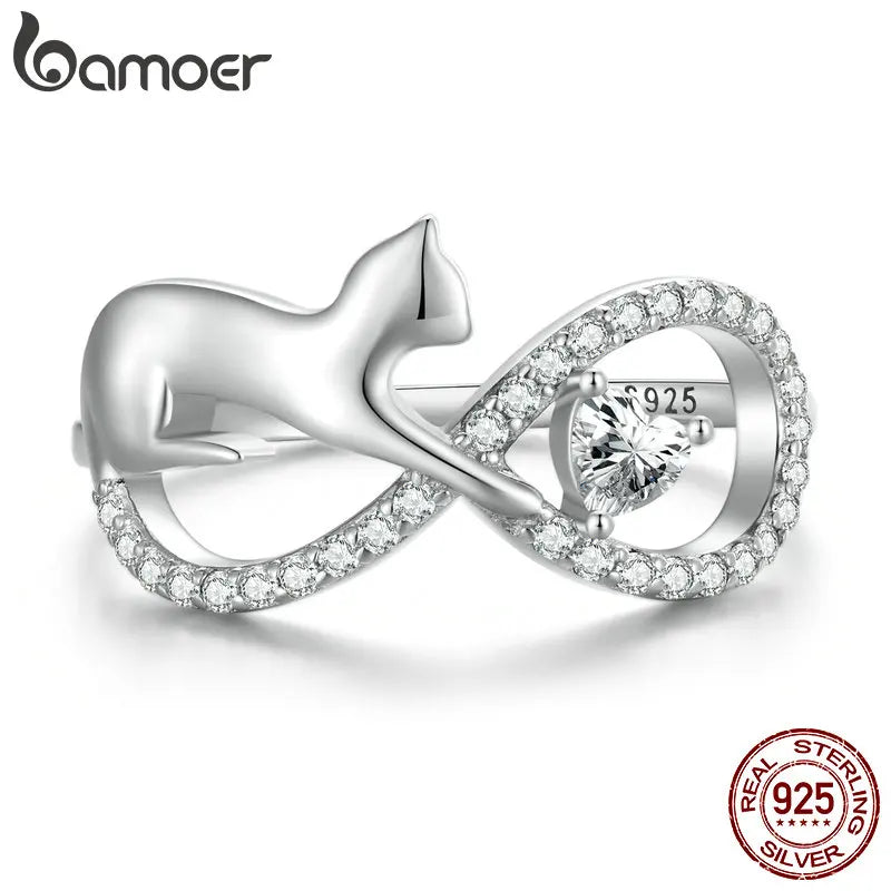 925 Sterling Silver Cute Cat Finger Ring Infinite Symbol Ring for Women Birthday Gift Pave Setting CZ Fine Jewelry SCR918