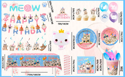 Cat Birthday Party Supplies,178Pcs Cat Party Decorations&Tableware Set-Kitten Birthday Party Decorations Balloons Banner&Cat Party Plates Cups Napkins Tablecloth Etc Cat Themed Birthday Party Supply