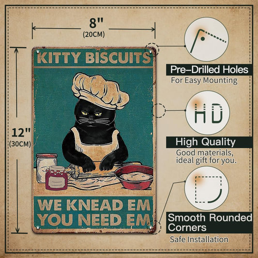 Cat Kitty Kitchen Vintage Metal Tin Sign,Kitty Biscuits We Knead Em You Need Em,Funny Cute Black Cat Wall Art Decor Metal Sign for Home Kitchen Farm Restaurant Bakery, Friends, Family