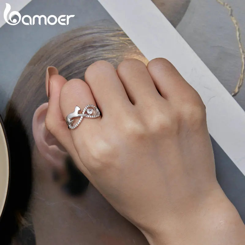 925 Sterling Silver Cute Cat Finger Ring Infinite Symbol Ring for Women Birthday Gift Pave Setting CZ Fine Jewelry SCR918