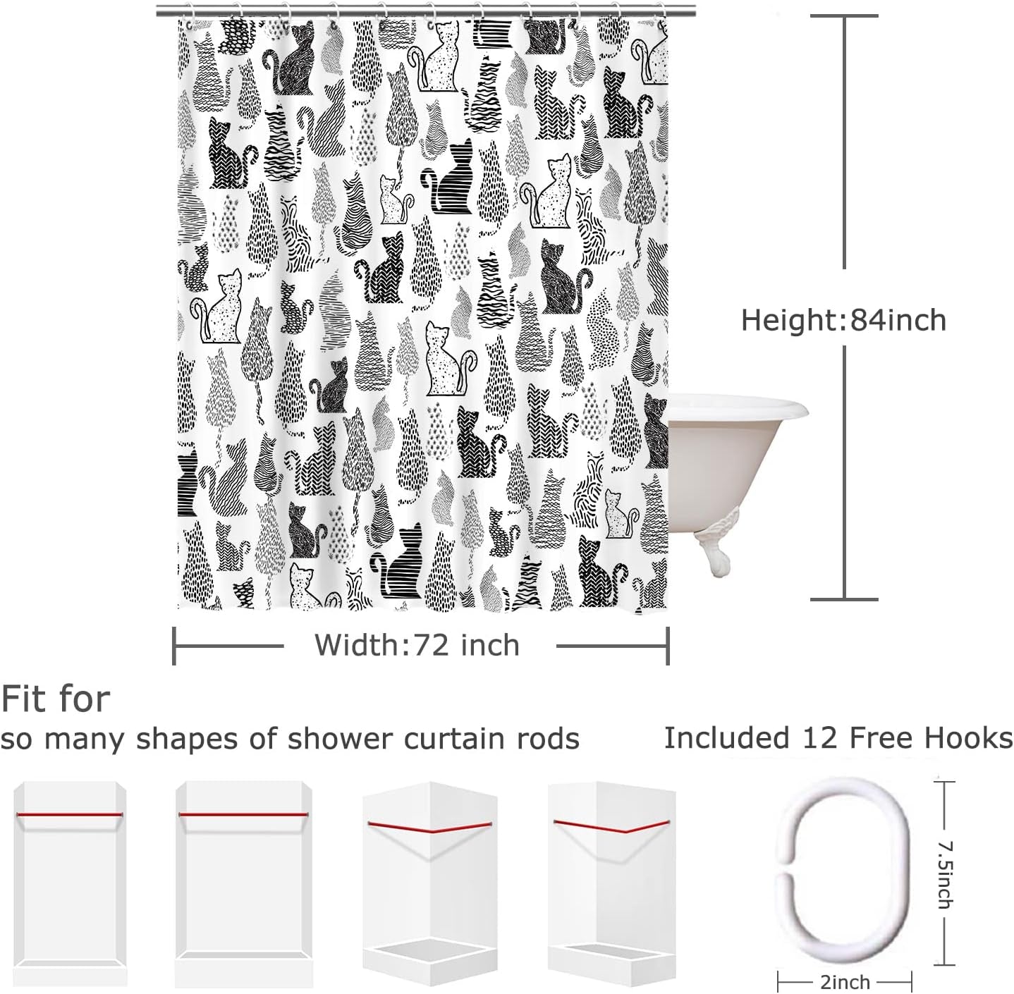 Cat Shower Curtain for Bathroom Cute Shower Curtain with 12 Hooks Kitten Animal Decorative Black and White Fabric Bath Curtain Gift for Cat Lovers Kids and Girls Machine Washable (72"W X 84"H)