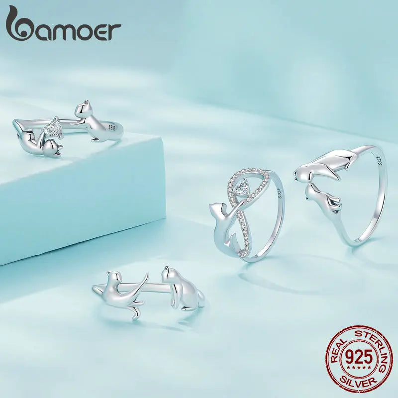 925 Sterling Silver Cute Cat Finger Ring Infinite Symbol Ring for Women Birthday Gift Pave Setting CZ Fine Jewelry SCR918