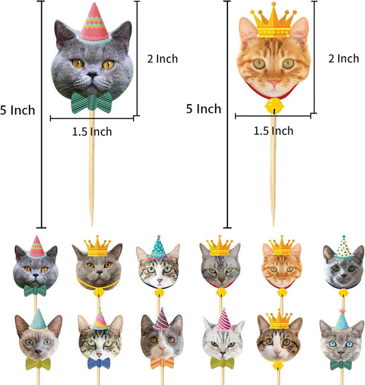 24PCS Cat Cupcake Toppers, Cats Face Cake Toppers, Kitten Pet Theme Decorations Stick Toothpicks Supplies for Party Baby Shower