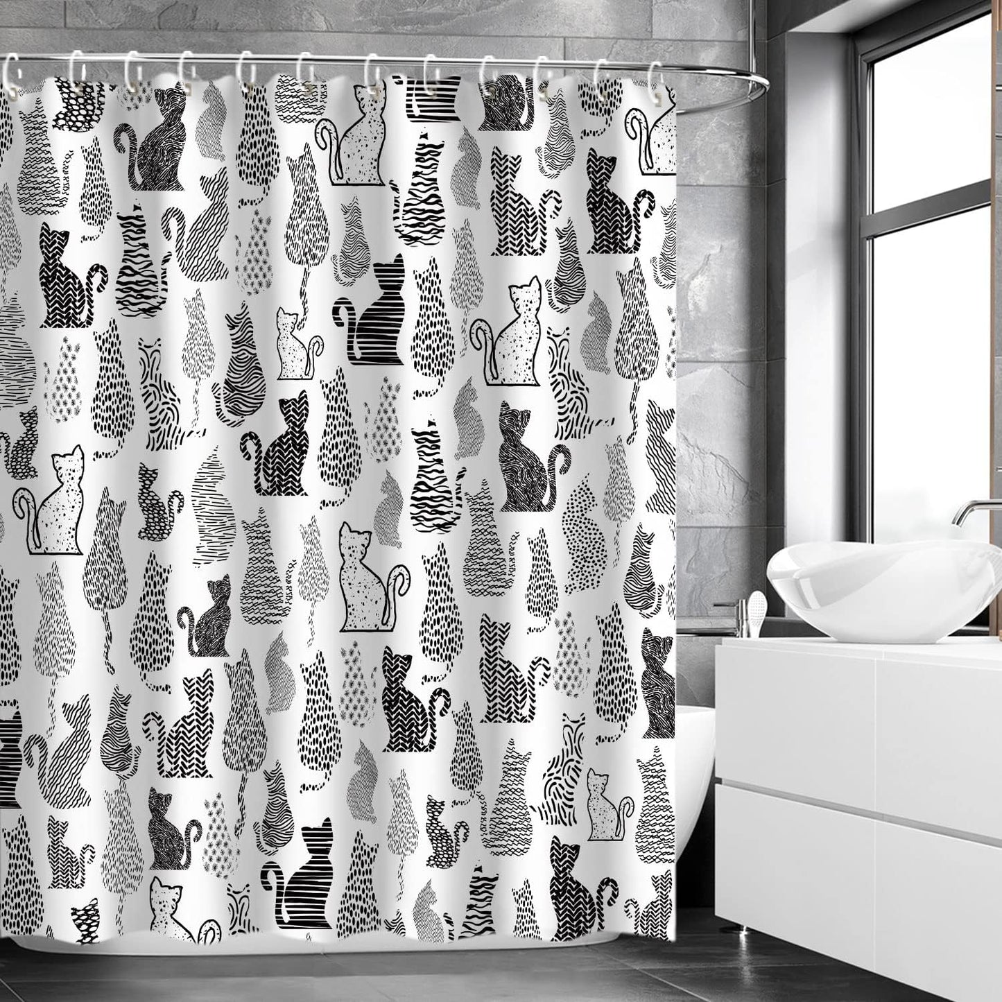 Cat Shower Curtain for Bathroom Cute Shower Curtain with 12 Hooks Kitten Animal Decorative Black and White Fabric Bath Curtain Gift for Cat Lovers Kids and Girls Machine Washable (72"W X 84"H)