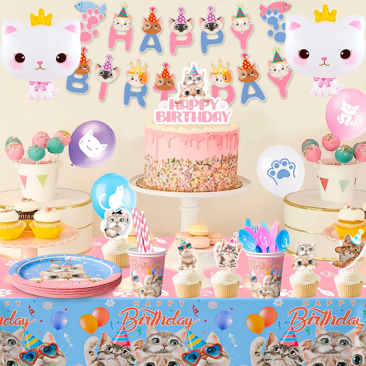 Cat Birthday Party Supplies,178Pcs Cat Party Decorations&Tableware Set-Kitten Birthday Party Decorations Balloons Banner&Cat Party Plates Cups Napkins Tablecloth Etc Cat Themed Birthday Party Supply