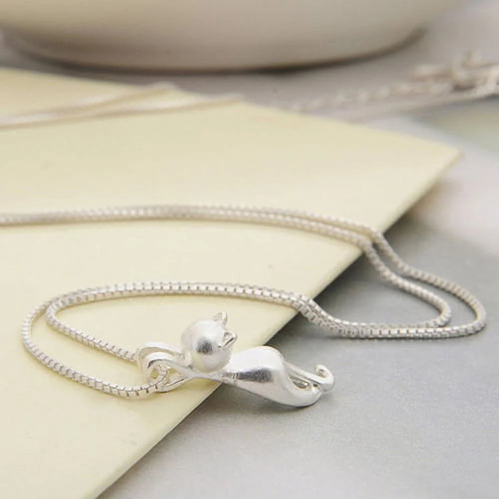 Women 925 Sterling Silver Chain Cat Pendant Necklace Jewelry Charm,Silver