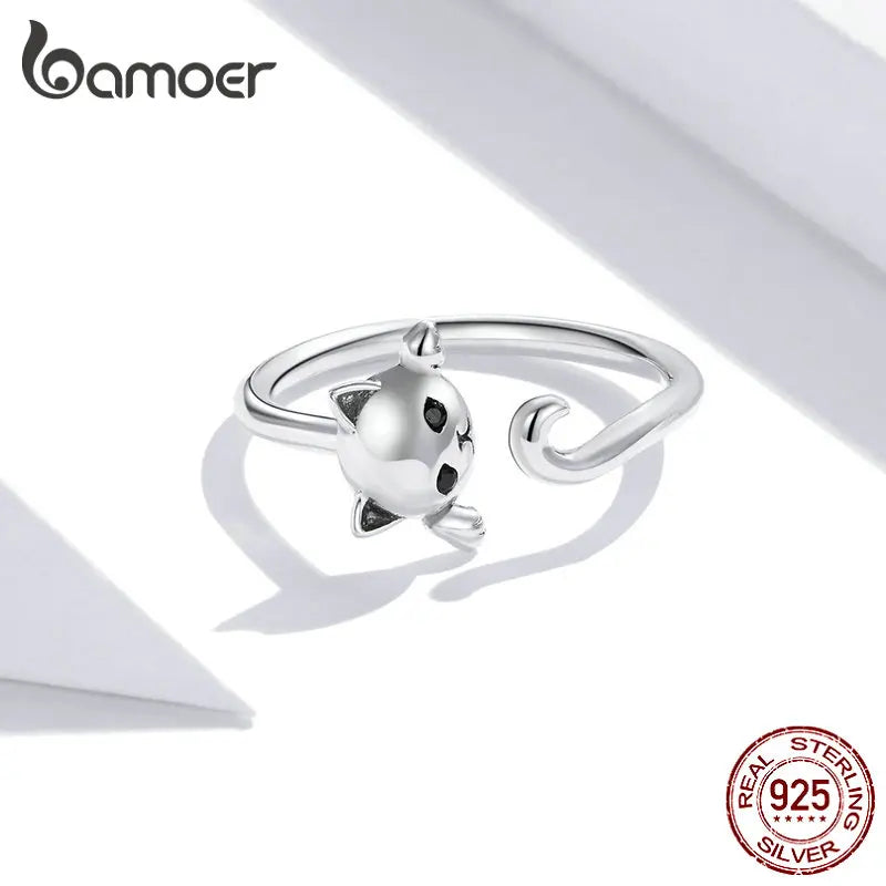 Cute Cat 925 Sterling Silver Simple Pet Rings for Women Adjustable Ring Fashion Jewelry SCR707