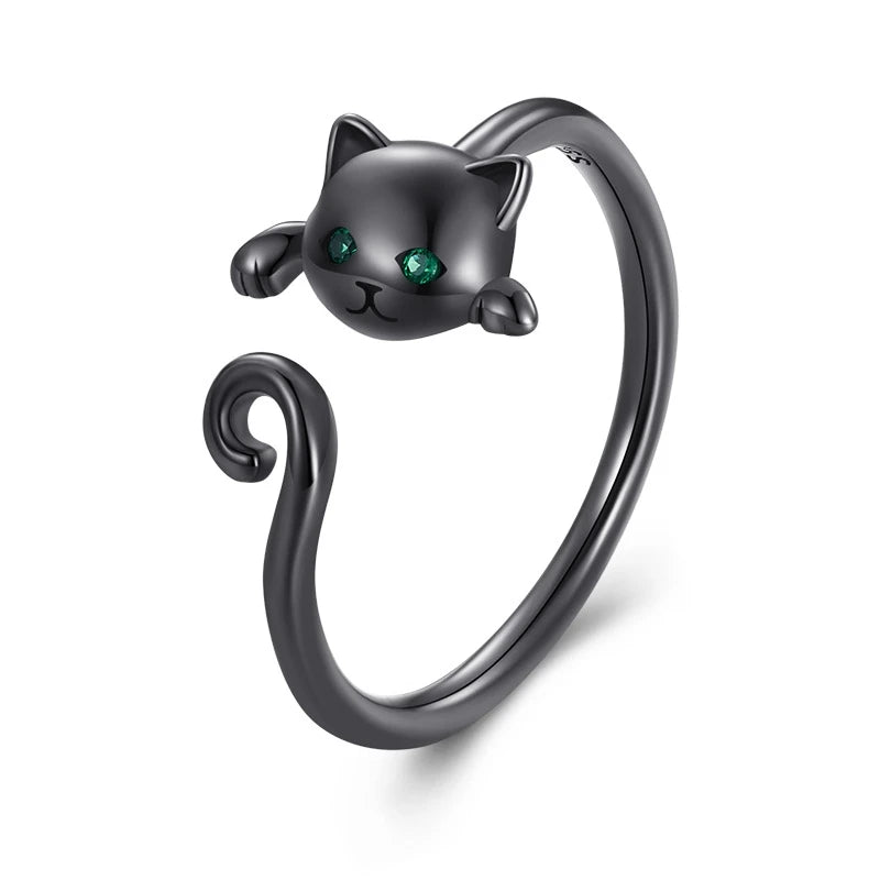 Cute Cat 925 Sterling Silver Simple Pet Rings for Women Adjustable Ring Fashion Jewelry SCR707