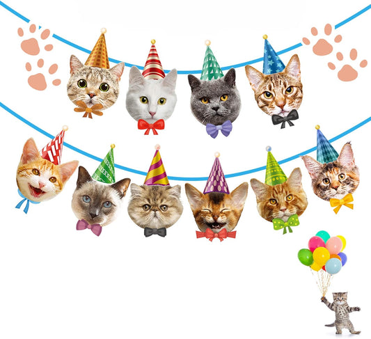 Cat Birthday Banner - No DIY Needed - Decorations Garland with Faces for Party Decor