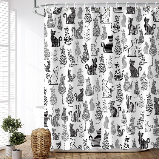 Cat Shower Curtain for Bathroom Cute Shower Curtain with 12 Hooks Kitten Animal Decorative Black and White Fabric Bath Curtain Gift for Cat Lovers Kids and Girls Machine Washable (72"W X 84"H)