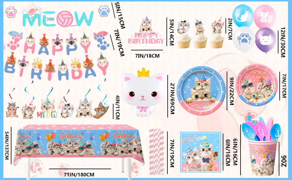 Cat Birthday Party Supplies,178Pcs Cat Party Decorations&Tableware Set-Kitten Birthday Party Decorations Balloons Banner&Cat Party Plates Cups Napkins Tablecloth Etc Cat Themed Birthday Party Supply