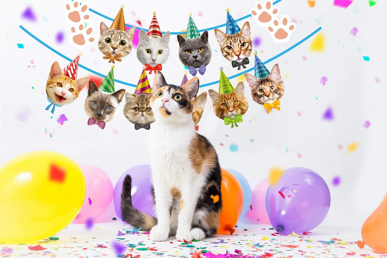 Cat Birthday Banner - No DIY Needed - Decorations Garland with Faces for Party Decor
