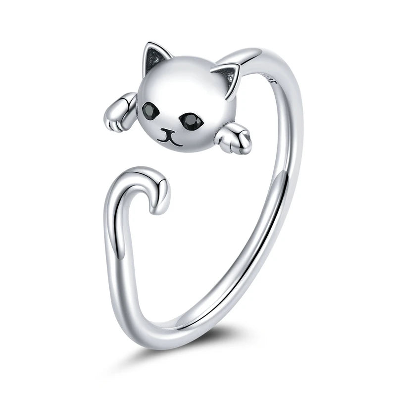 Cute Cat 925 Sterling Silver Simple Pet Rings for Women Adjustable Ring Fashion Jewelry SCR707