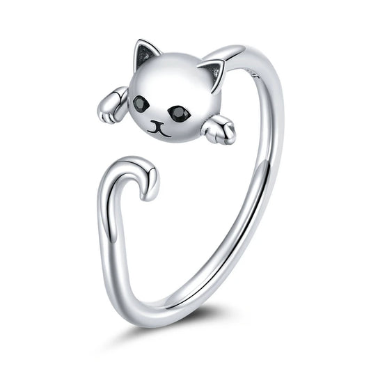Cute Cat 925 Sterling Silver Simple Pet Rings for Women Adjustable Ring Fashion Jewelry SCR707