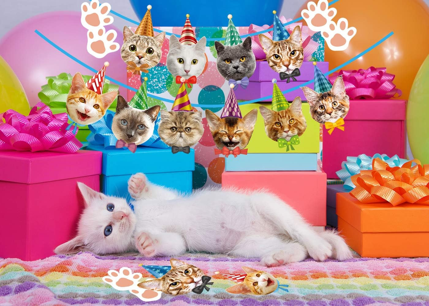 Cat Birthday Banner - No DIY Needed - Decorations Garland with Faces for Party Decor