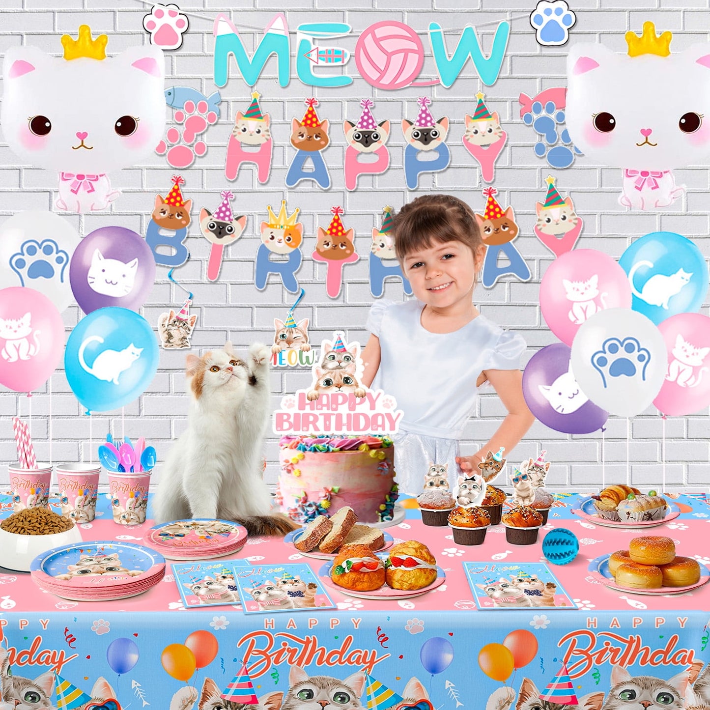 Cat Birthday Party Supplies,178Pcs Cat Party Decorations&Tableware Set-Kitten Birthday Party Decorations Balloons Banner&Cat Party Plates Cups Napkins Tablecloth Etc Cat Themed Birthday Party Supply
