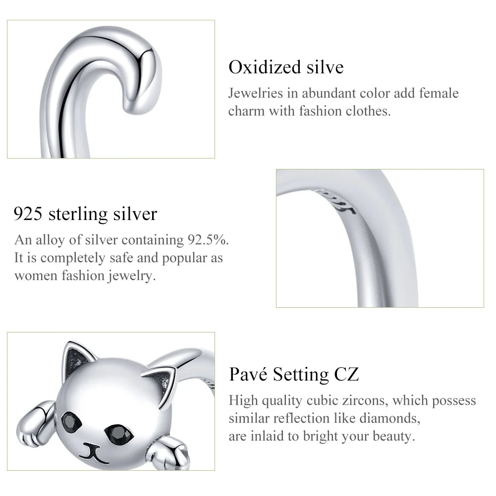 Cute Cat 925 Sterling Silver Simple Pet Rings for Women Adjustable Ring Fashion Jewelry SCR707