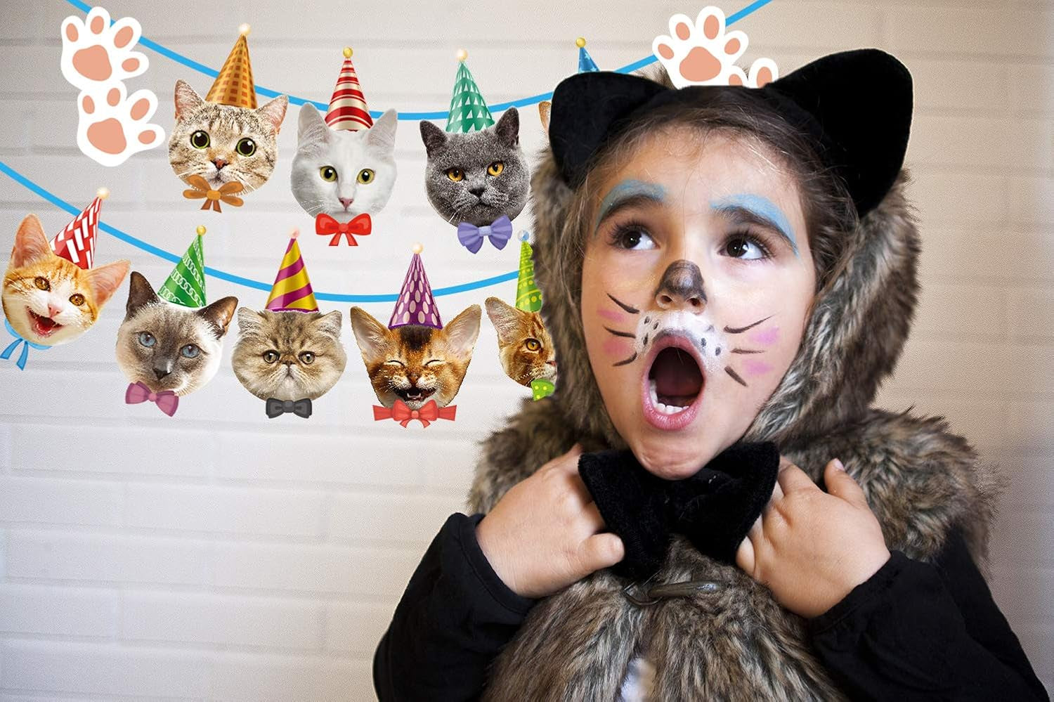 Cat Birthday Banner - No DIY Needed - Decorations Garland with Faces for Party Decor