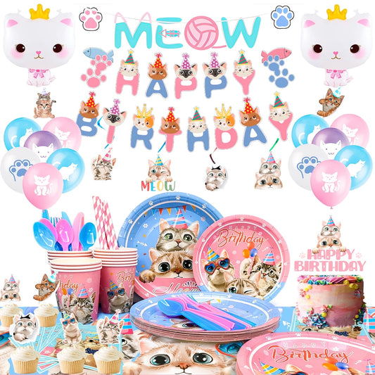 Cat Birthday Party Supplies,178Pcs Cat Party Decorations&Tableware Set-Kitten Birthday Party Decorations Balloons Banner&Cat Party Plates Cups Napkins Tablecloth Etc Cat Themed Birthday Party Supply