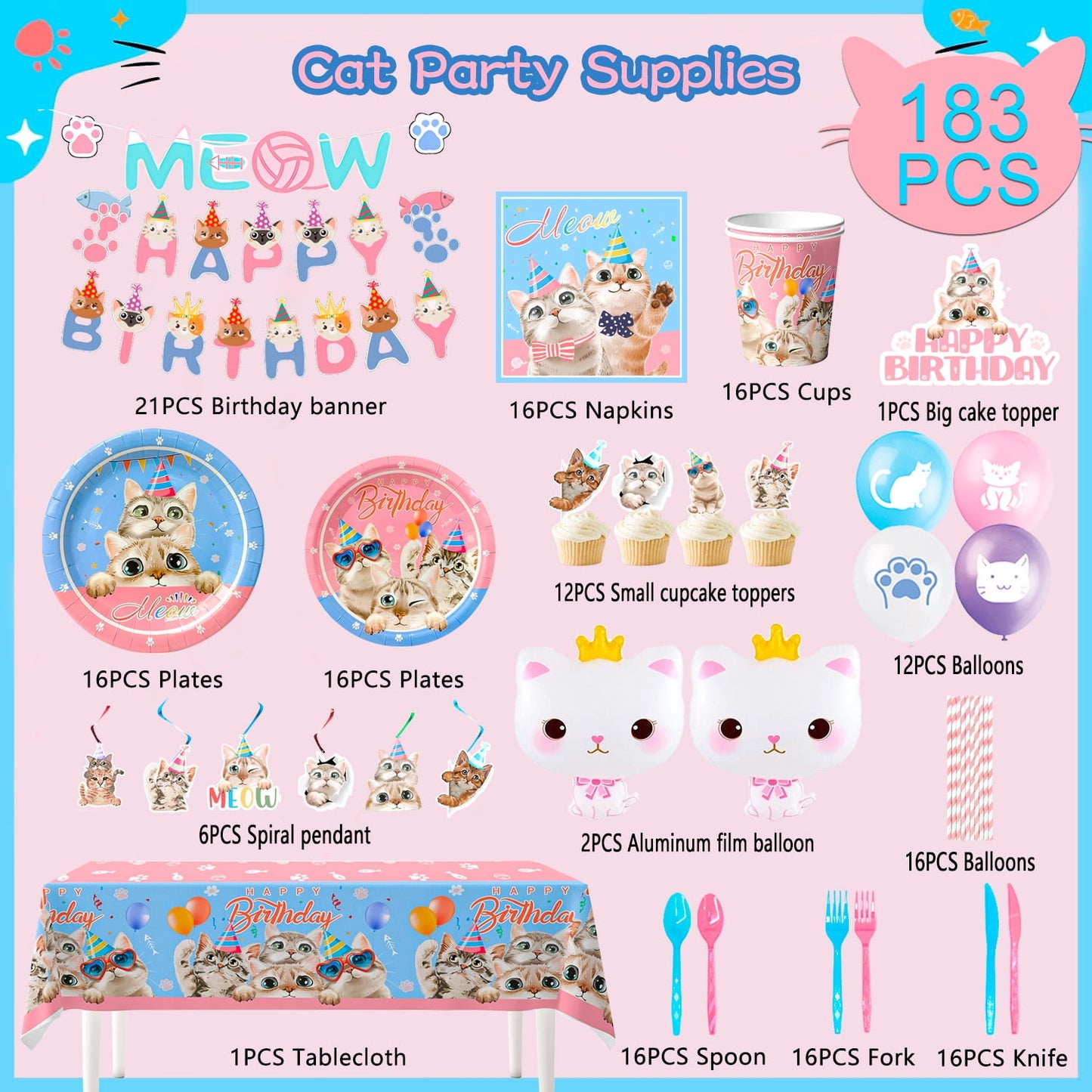 Cat Birthday Party Supplies,178Pcs Cat Party Decorations&Tableware Set-Kitten Birthday Party Decorations Balloons Banner&Cat Party Plates Cups Napkins Tablecloth Etc Cat Themed Birthday Party Supply
