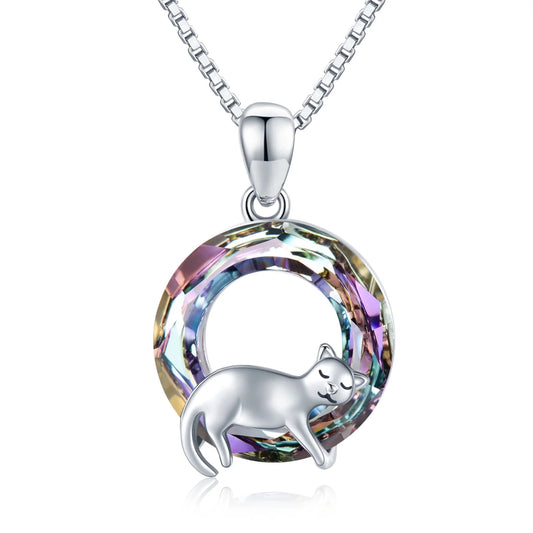 Cat Crystal Necklace 925 Sterling Silver Cute Animal Pendant Necklace with Crystal Cat Jewelry Gifts Gifts for Women Cat Lovers