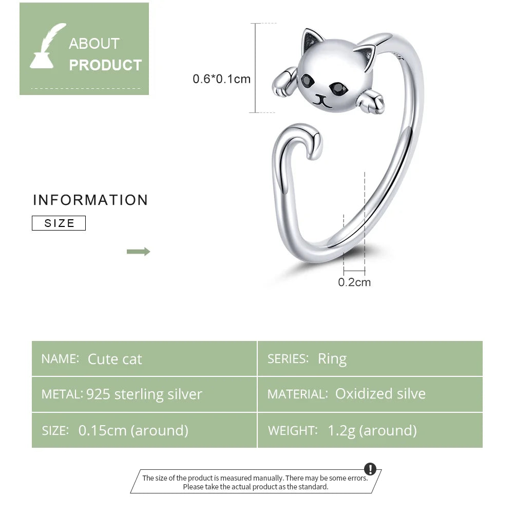 Cute Cat 925 Sterling Silver Simple Pet Rings for Women Adjustable Ring Fashion Jewelry SCR707