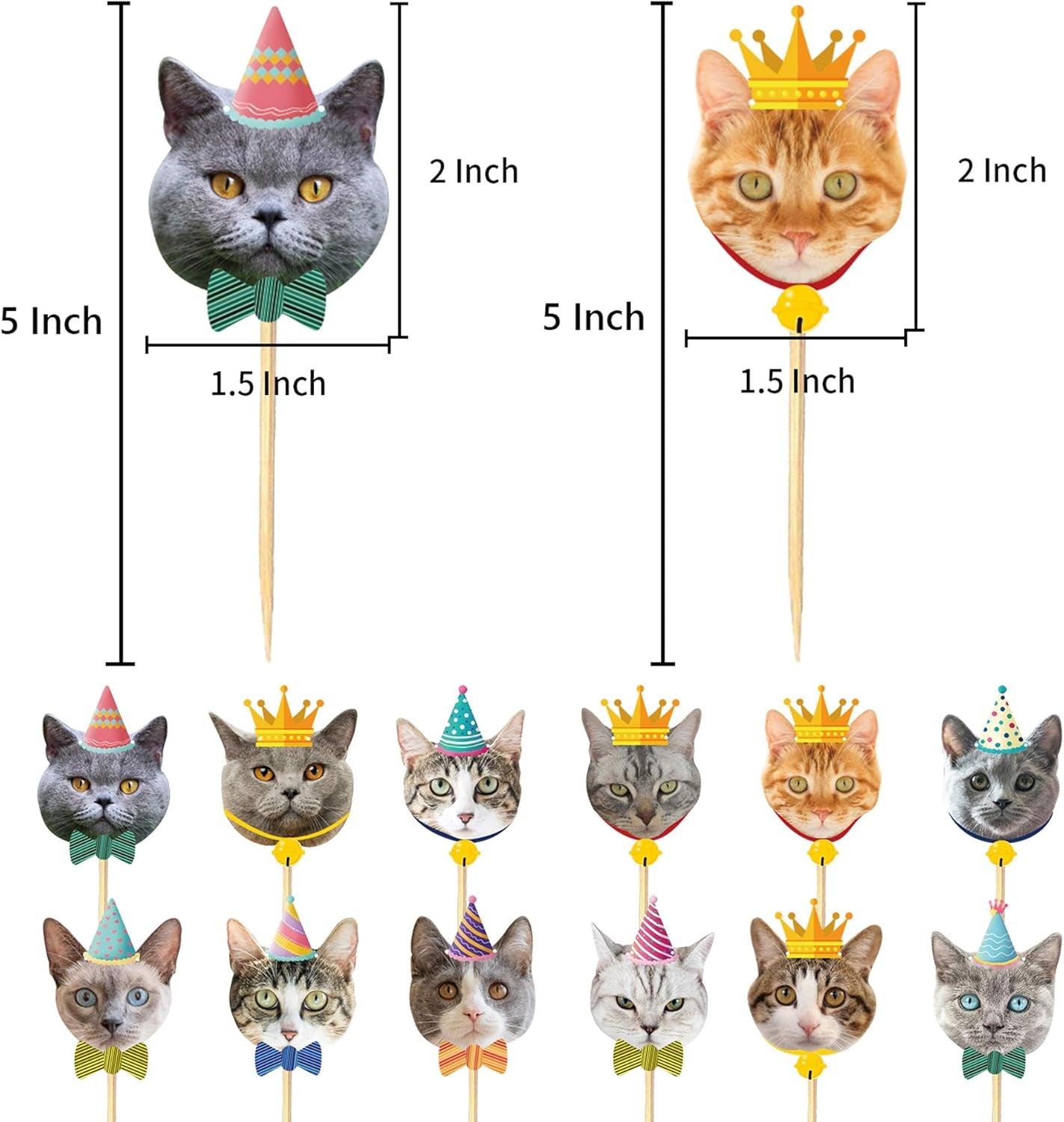 24PCS Cat Cupcake Toppers, Cats Face Cake Toppers, Kitten Pet Theme Decorations Stick Toothpicks Supplies for Party Baby Shower