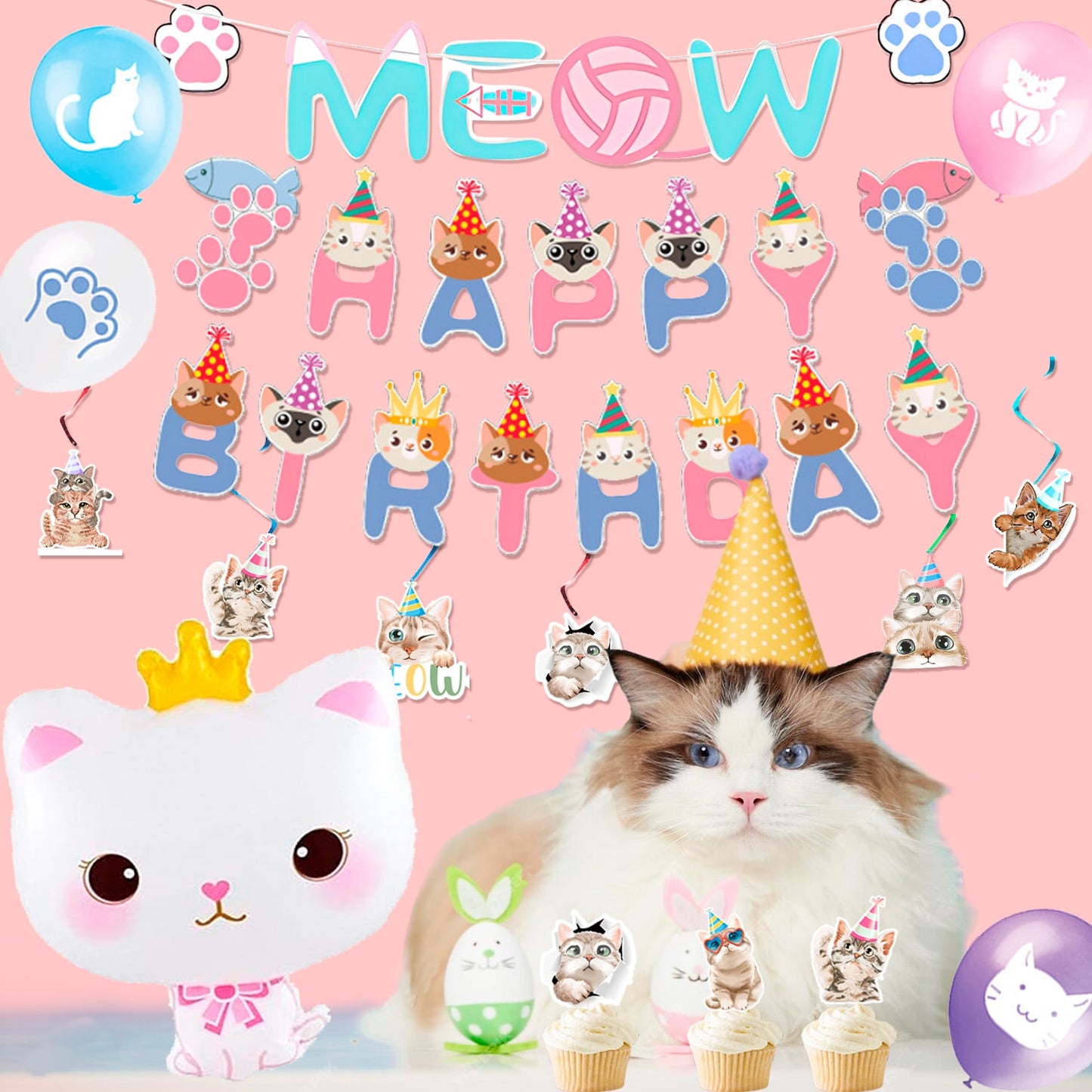 Cat Birthday Party Supplies,178Pcs Cat Party Decorations&Tableware Set-Kitten Birthday Party Decorations Balloons Banner&Cat Party Plates Cups Napkins Tablecloth Etc Cat Themed Birthday Party Supply