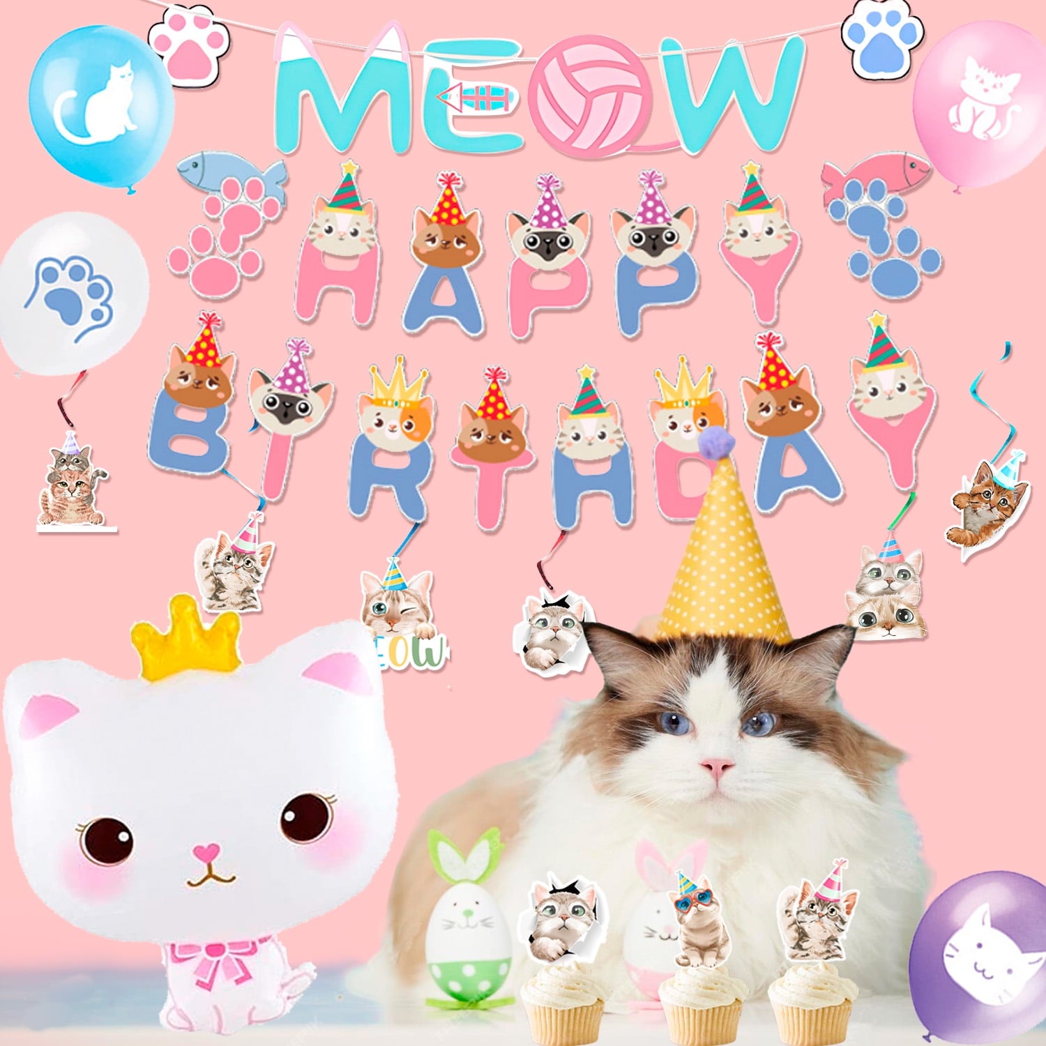 Cat Birthday Party Supplies,178Pcs Cat Party Decorations&Tableware Set-Kitten Birthday Party Decorations Balloons Banner&Cat Party Plates Cups Napkins Tablecloth Etc Cat Themed Birthday Party Supply