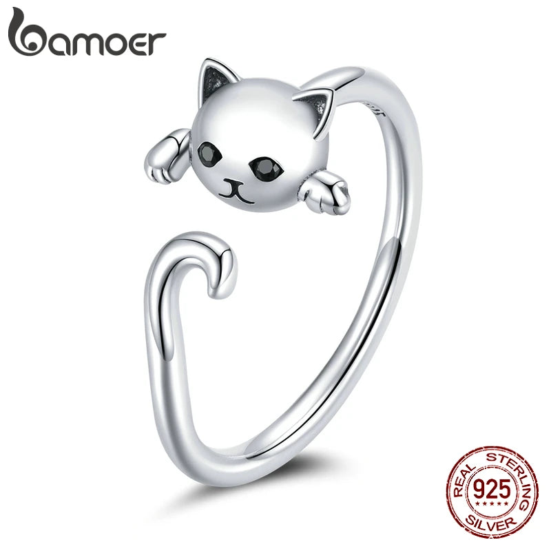 Cute Cat 925 Sterling Silver Simple Pet Rings for Women Adjustable Ring Fashion Jewelry SCR707