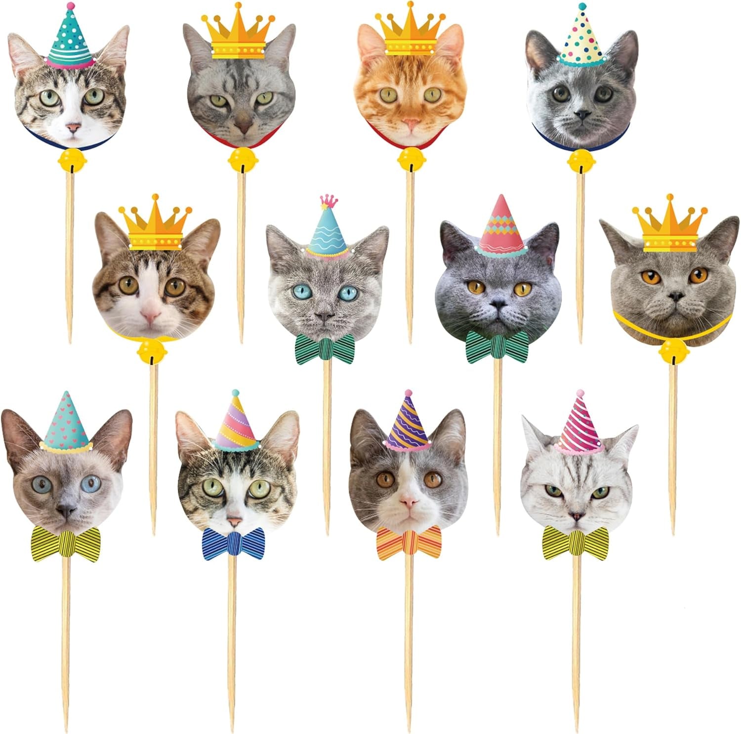 24PCS Cat Cupcake Toppers, Cats Face Cake Toppers, Kitten Pet Theme Decorations Stick Toothpicks Supplies for Party Baby Shower