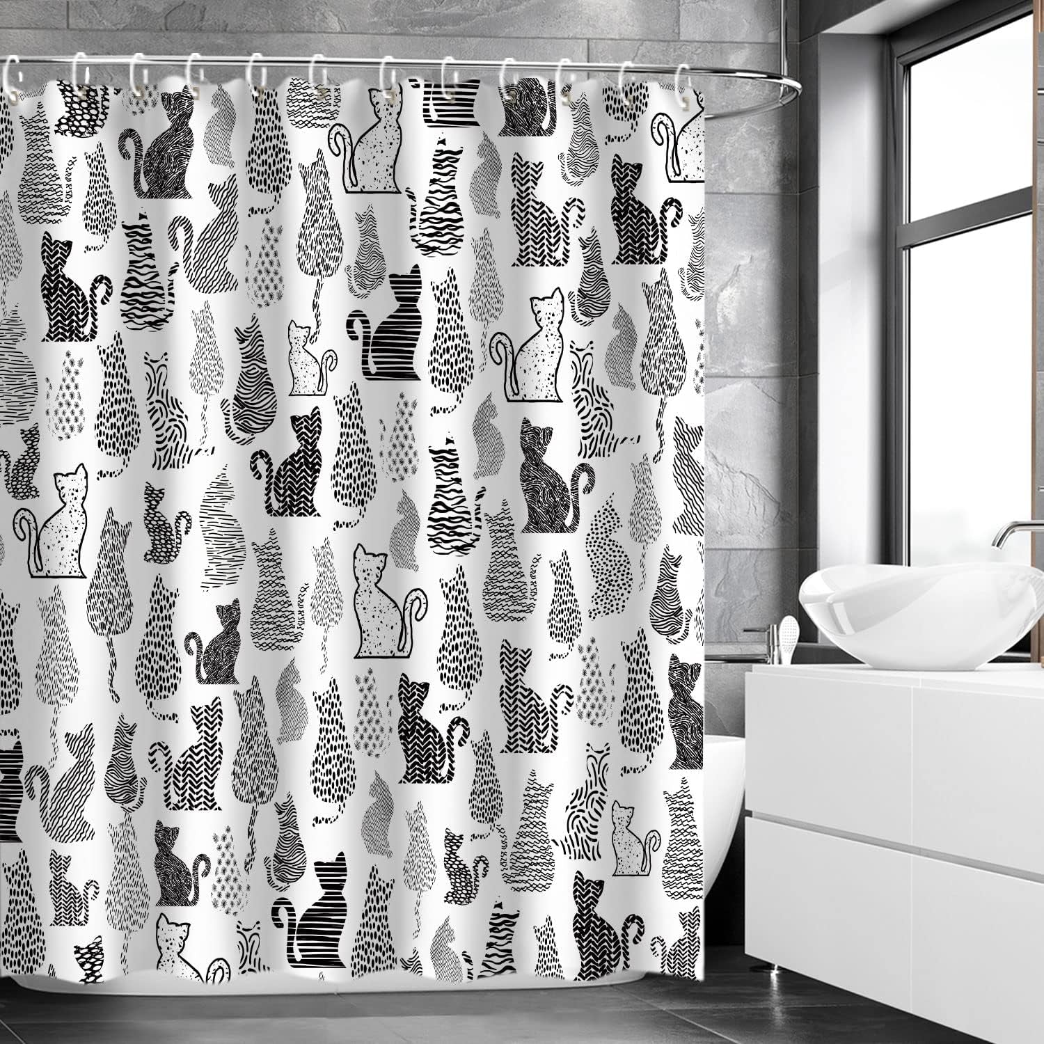 Cat Shower Curtain for Bathroom Cute Shower Curtain with 12 Hooks Kitten Animal Decorative Black and White Fabric Bath Curtain Gift for Cat Lovers Kids and Girls Machine Washable (72"W X 84"H)